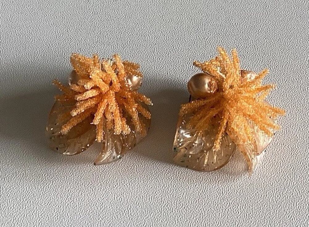 Vintage Beaded Flower Leaf & Funky Coral Clip Back Earrings